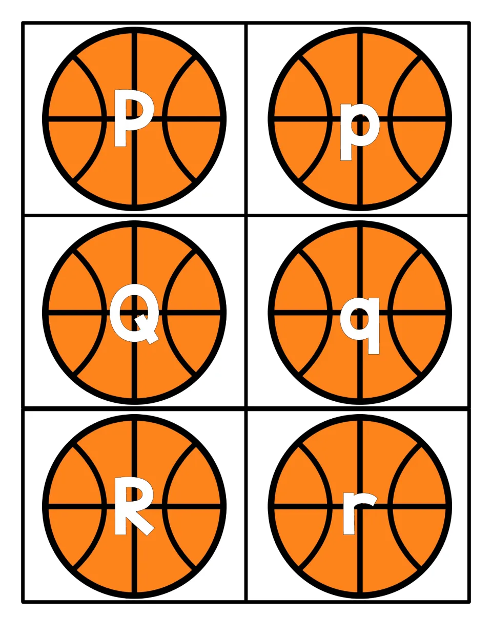 Letters P, Q and R: basketball cards pairing each capital with lowercase p, q or r for upper and lowercase matching
