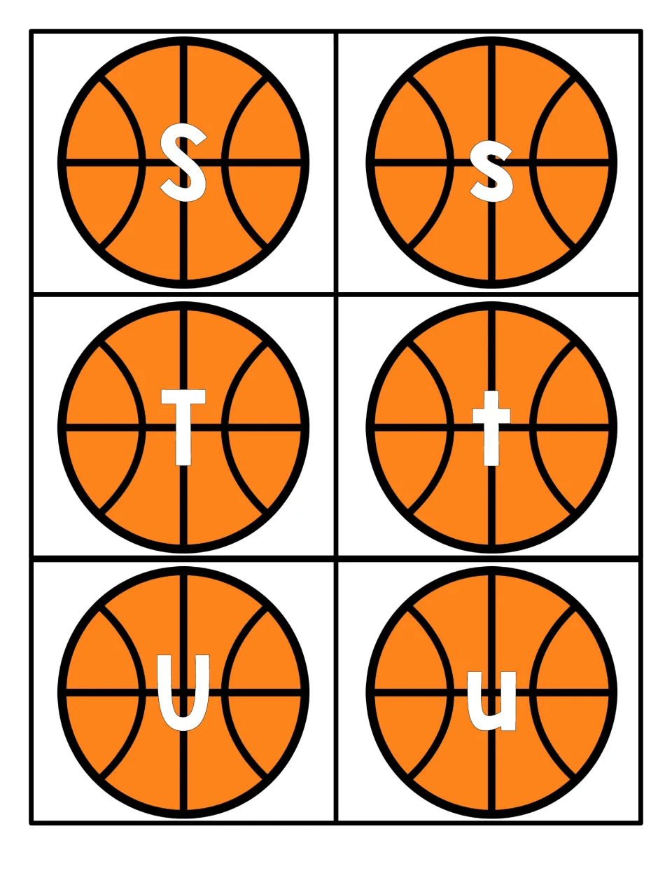 Letters S, T and U: six basketball cards with each capital and its lowercase s, t or u for case-matching practice