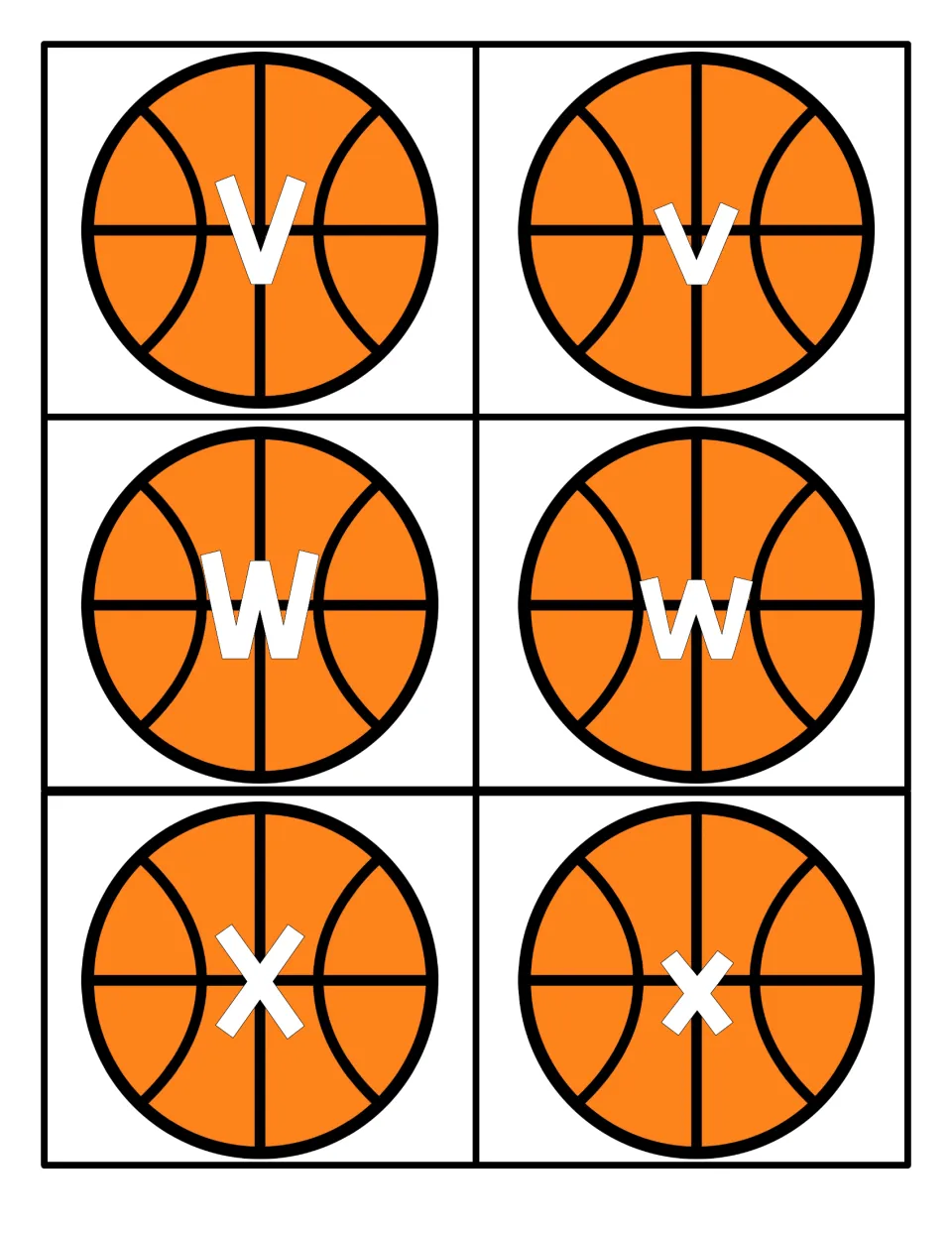 Letters V, W and X on basketballs: capitals beside matching lowercase v, w and x for identifying letters by case