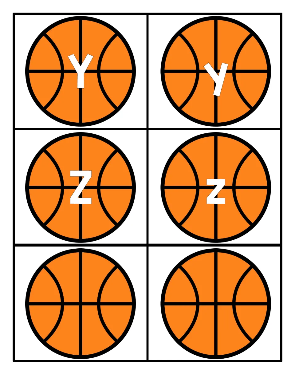 Letters Y and Z: basketball cards with Y, y, Z and z for case matching, plus two blank basketball cards with no letter