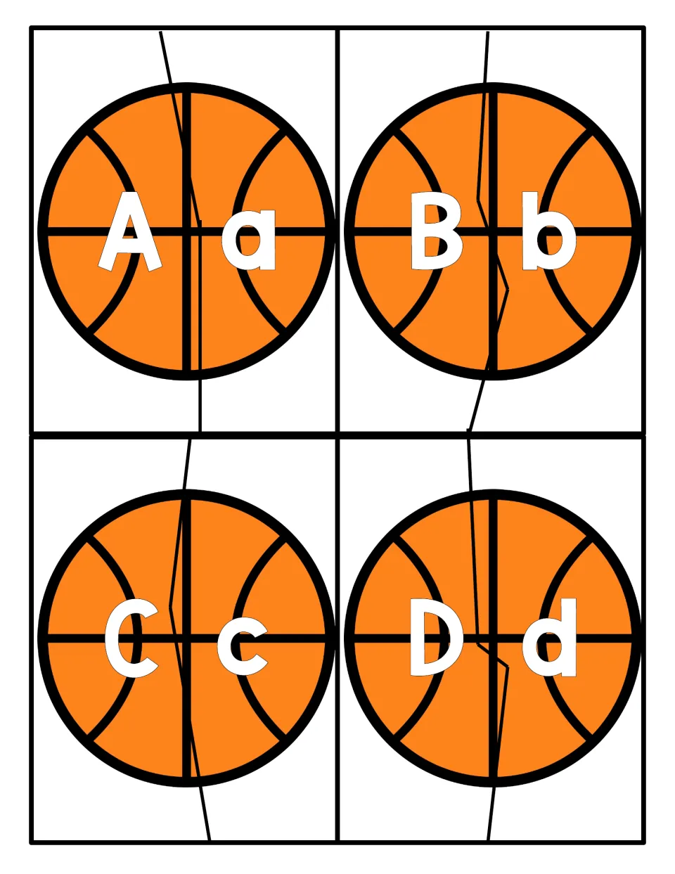 Letters A to D: students cut each orange basketball into two puzzle halves and match uppercase A, B, C, D to lowercase