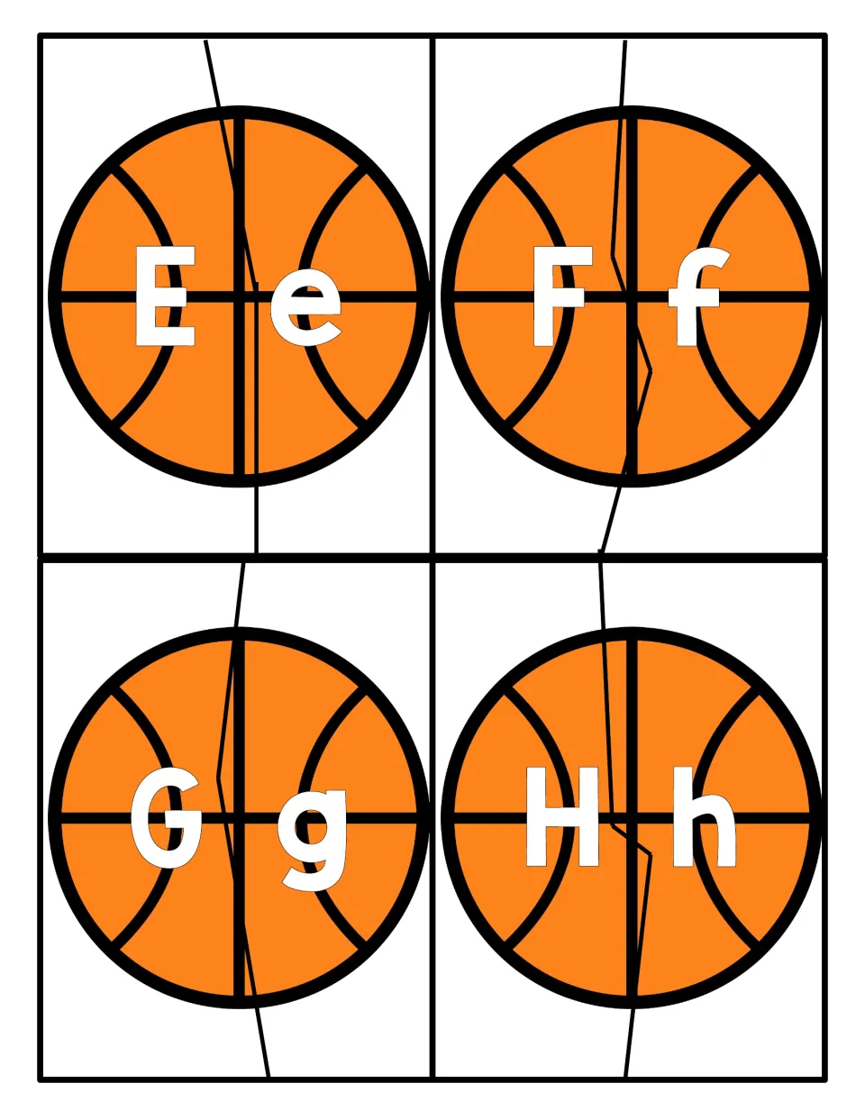 Letters E to H basketball puzzles: students join two-piece halves to pair capitals E, F, G, H with lowercase e, f, g, h