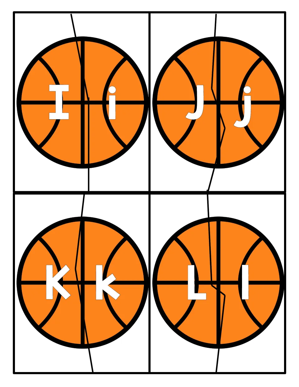 Letters I to L: students fit together basketball puzzle halves, matching uppercase I, J, K, L with lowercase i, j, k, l