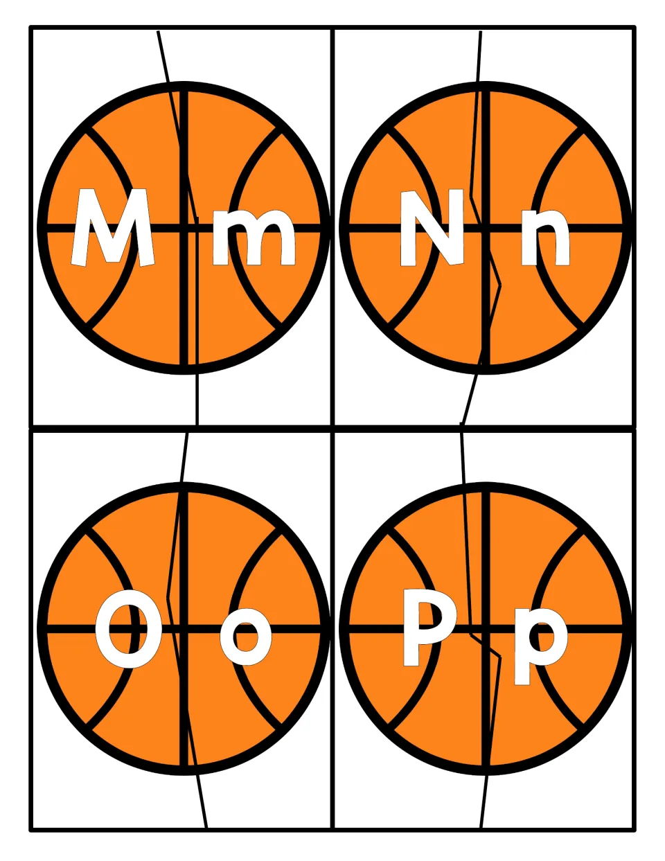 Letters M to P: two-piece basketball puzzles where students match capital M, N, O, P to the lowercase m, n, o, p half