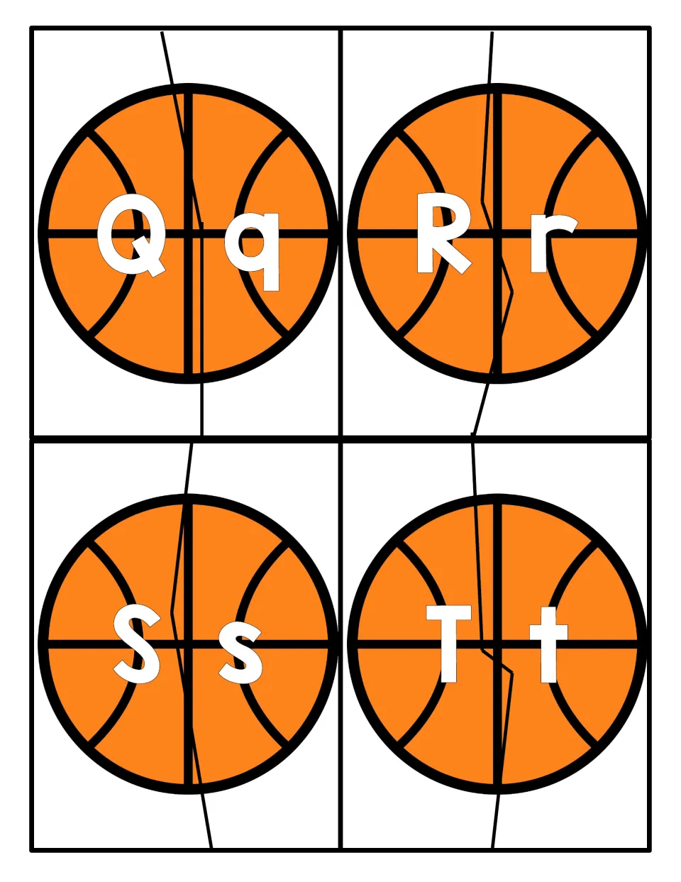 Letters Q to T: students piece together basketball halves to pair uppercase Q, R, S, T with matching lowercase q, r, s, t