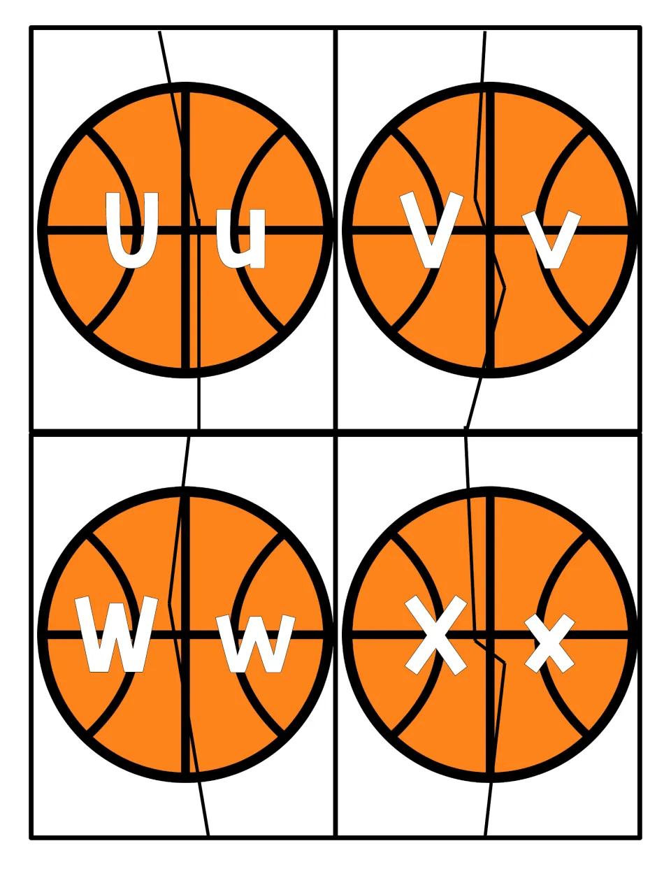 Letters U to X: basketball puzzles split in two for matching uppercase U, V, W, X with lowercase u, v, w, x letter forms