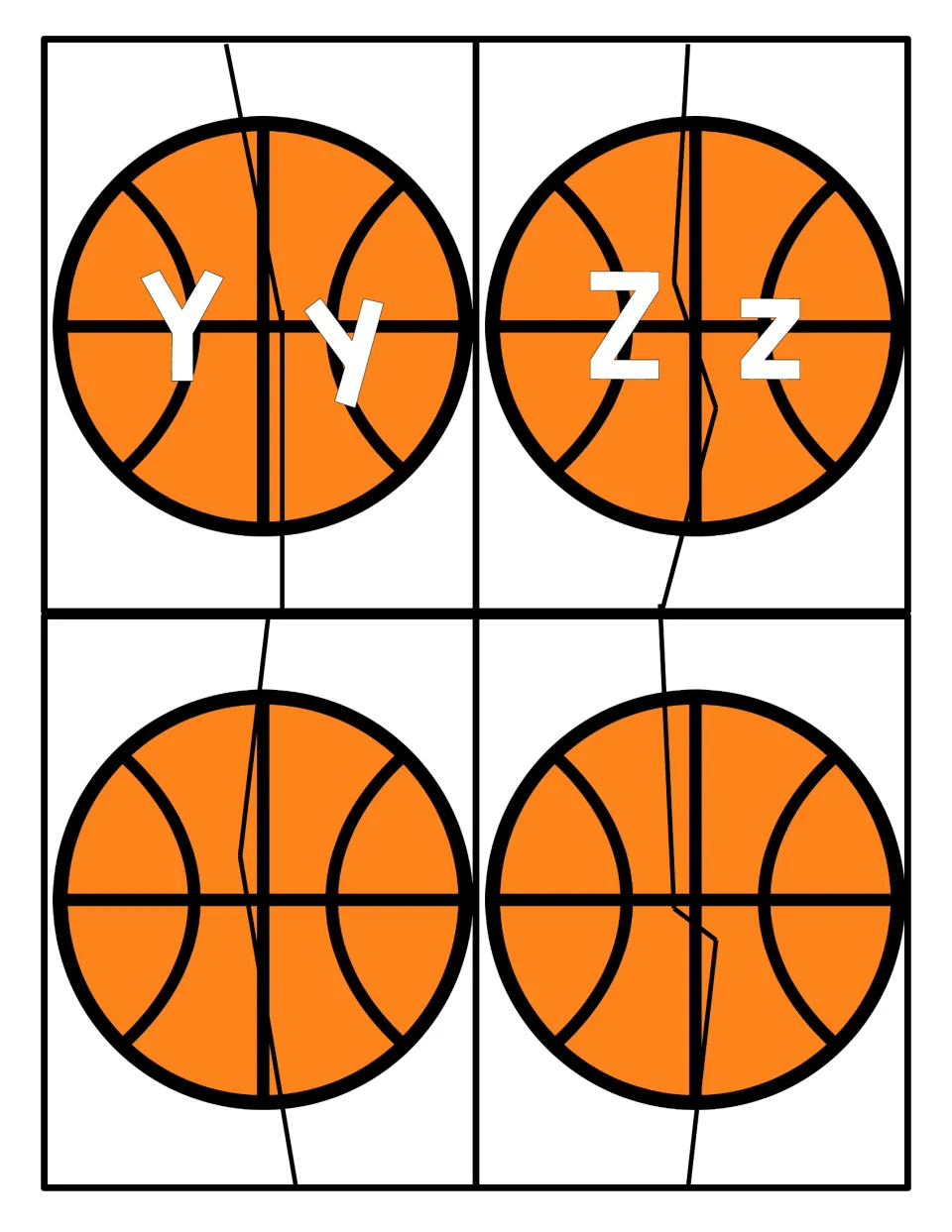 Letters Y and Z basketball puzzles for matching uppercase to lowercase, plus two blank two-piece balls with no letters