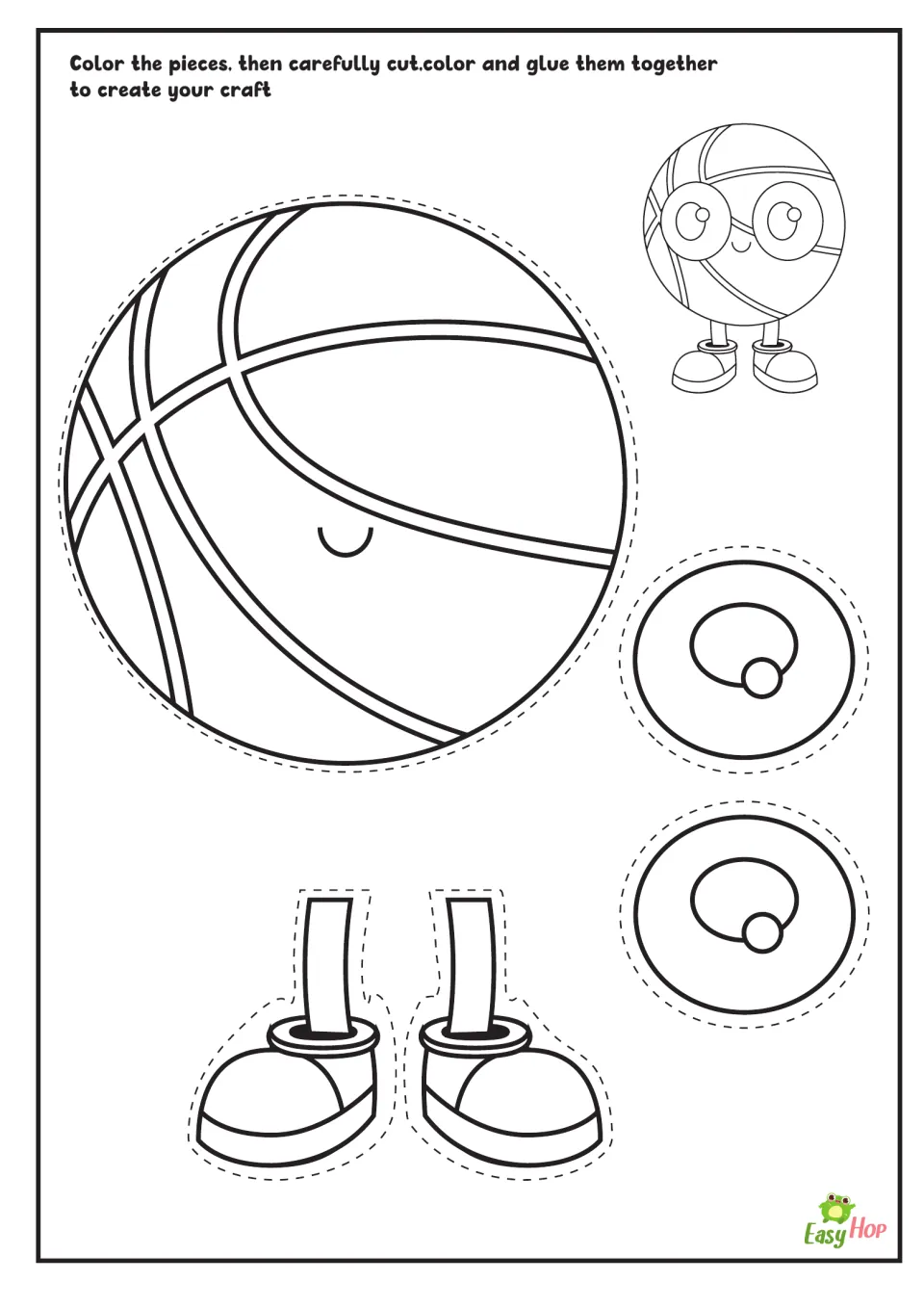 Basketball character craft to color: students color, cut out and glue a smiling ball body, two eyes, and legs with shoes