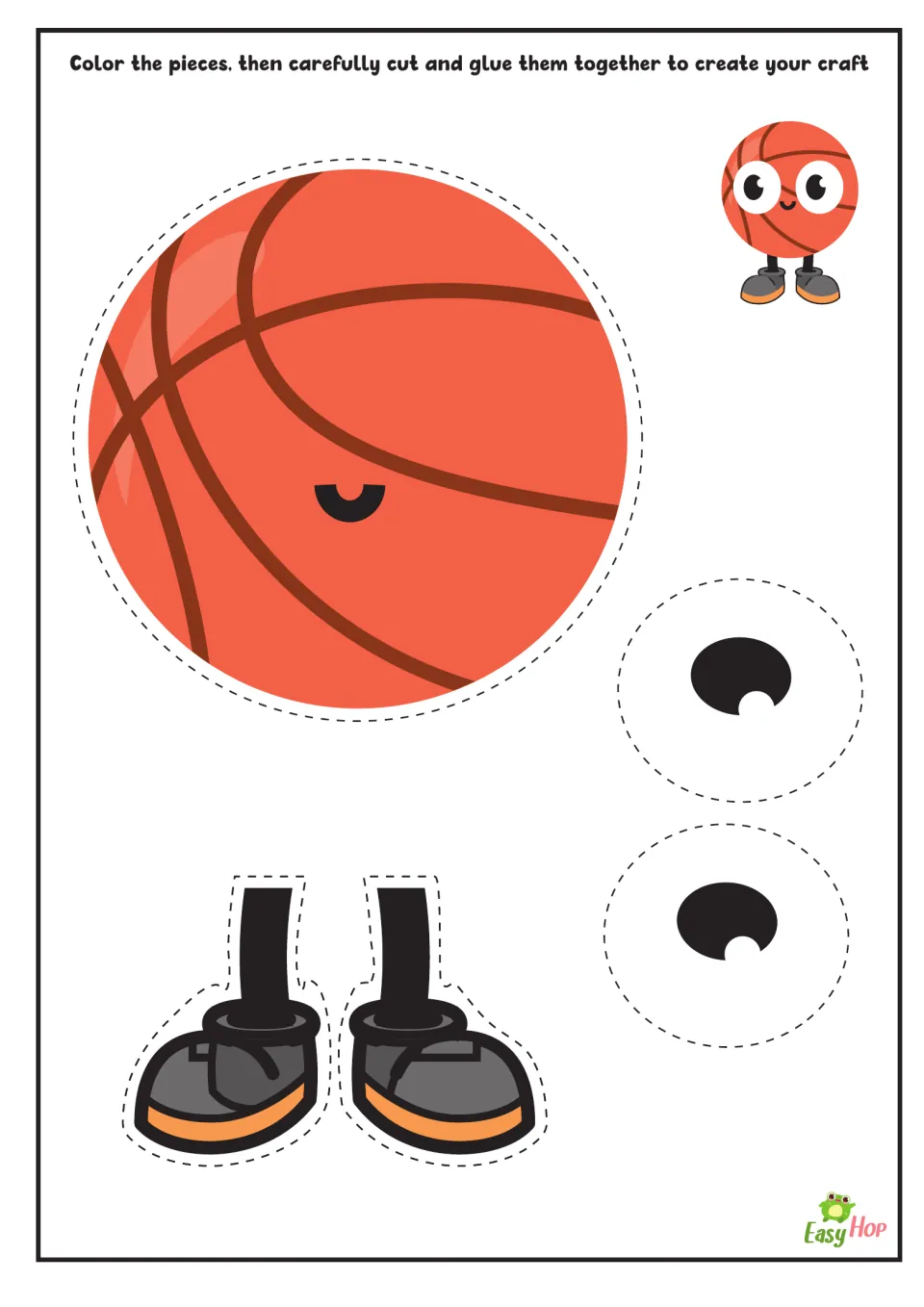 Pre-colored basketball character pieces: students cut out the orange ball, two black eyes and gray shoes, then glue them