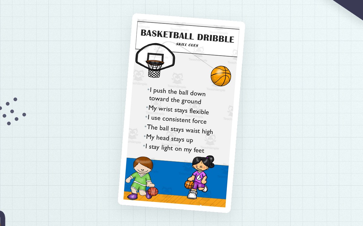 Basketball Dribble poster listing six skill cues, with basketball and child illustrations.