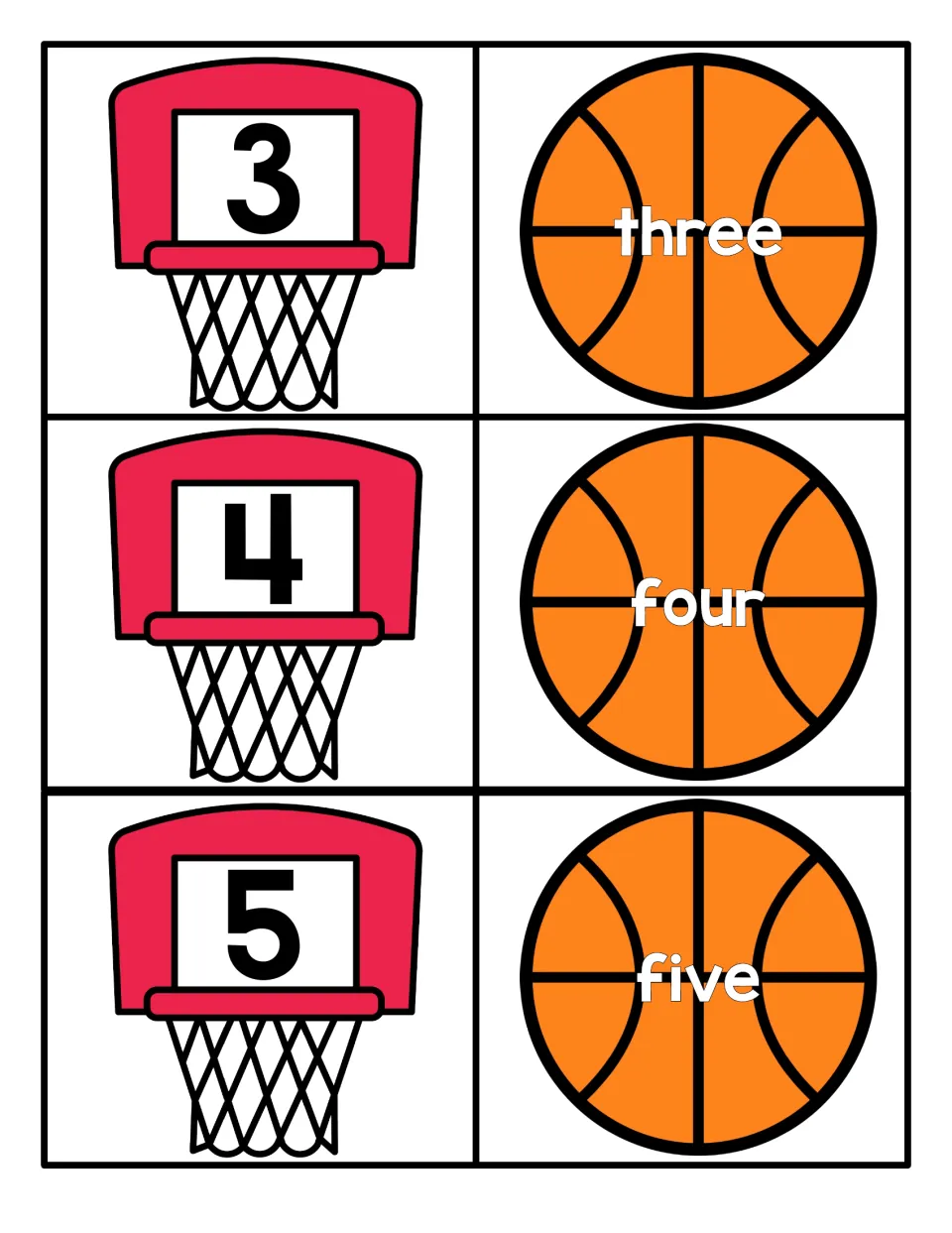 Numbers 3 to 5: hoop cards with numerals 3, 4 and 5 pair with basketball cards showing the words three, four and five