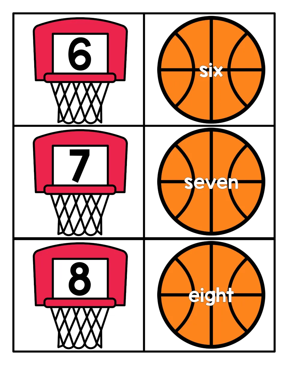 Numbers 6 to 8: students match hoop cards for 6, 7 and 8 to basketballs with the number words six, seven and eight