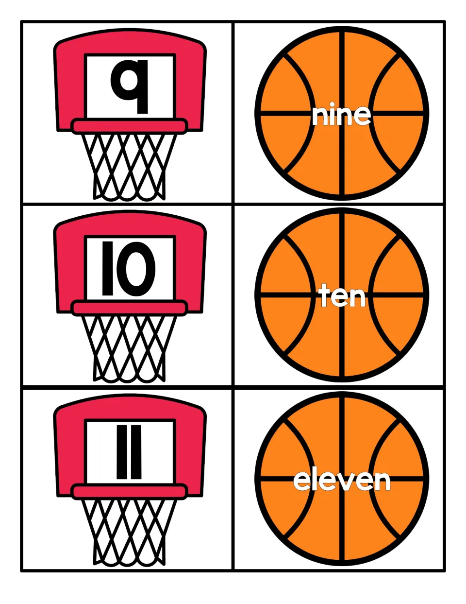 Numbers 9 to 11: hoops show numerals 9, 10 and 11, and basketballs show nine, ten and eleven for number word matching