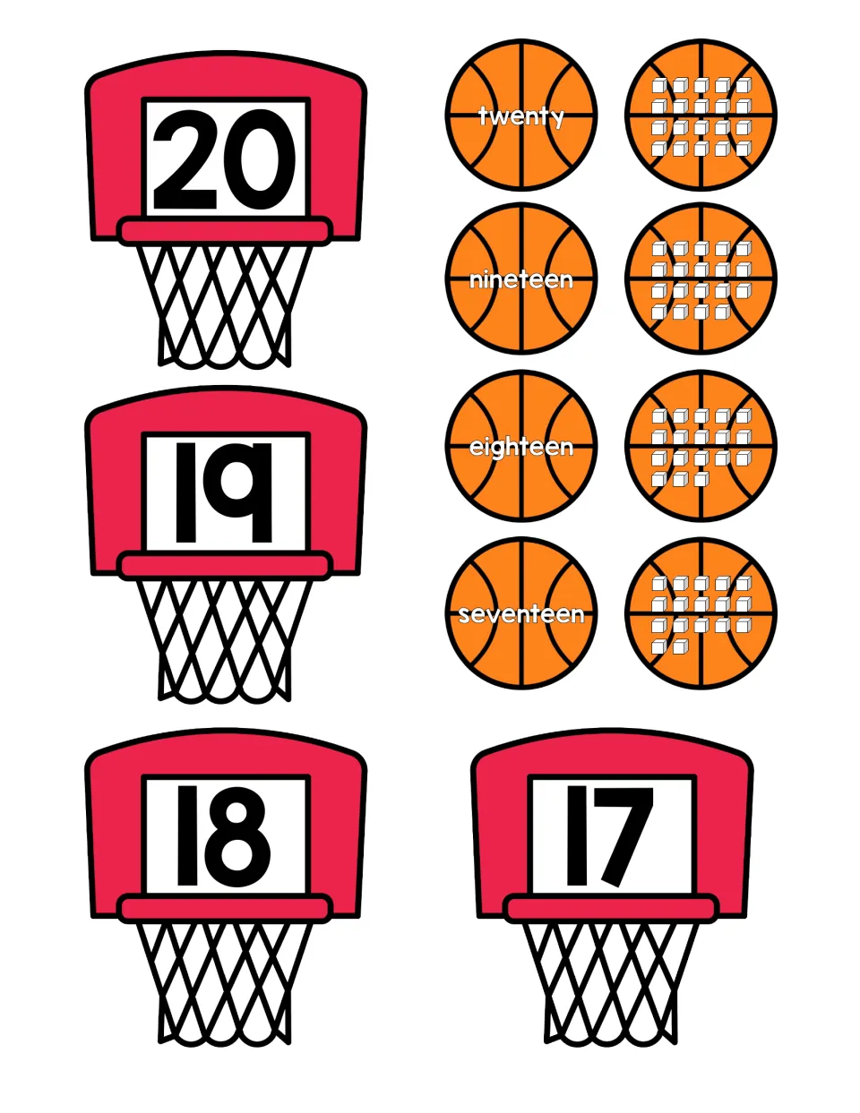 Numbers 17 to 20: hoop cards show each numeral to match with basketballs showing its number word and a set of cubes