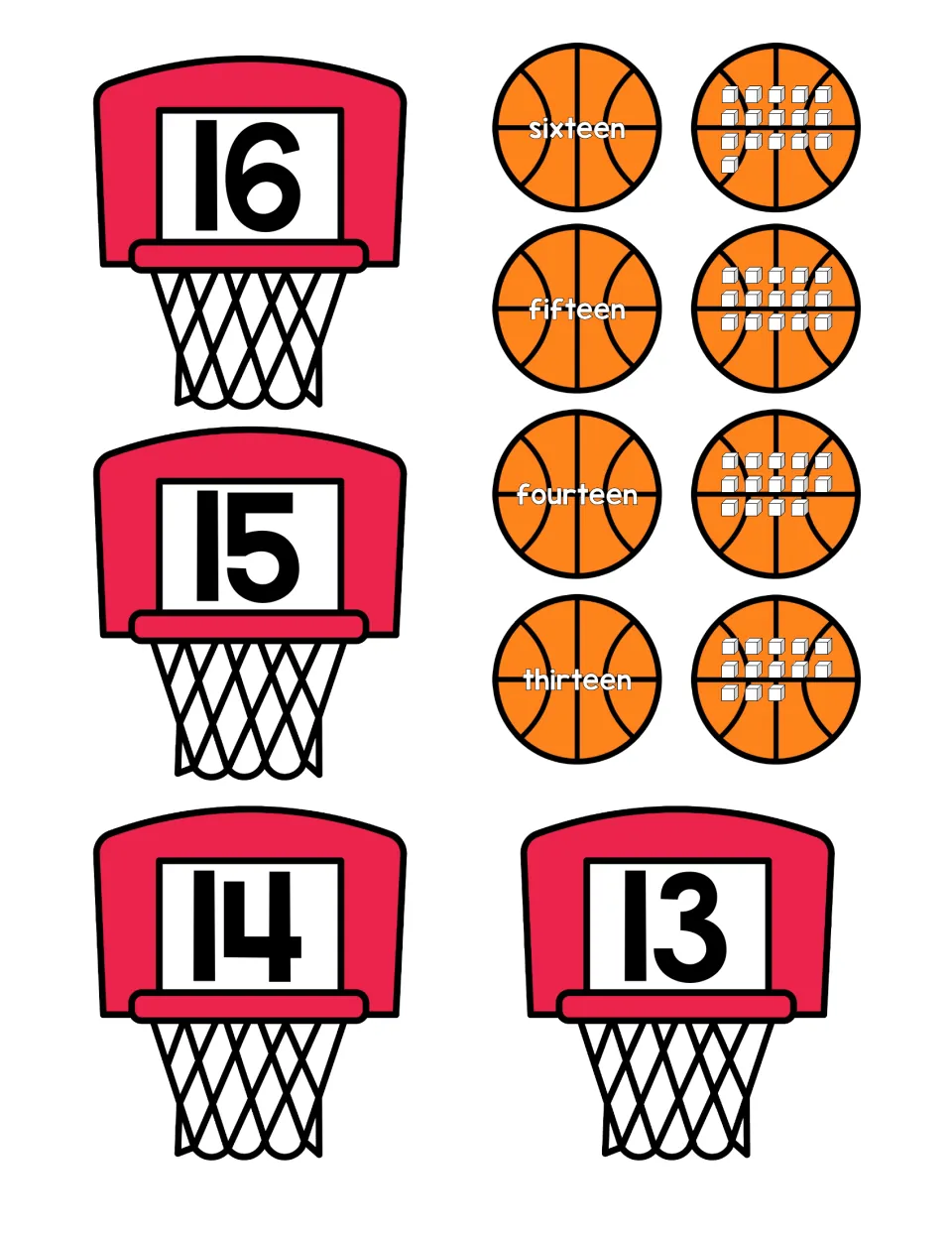 Numbers 13 to 16: students match each numbered hoop to a basketball with the number word and one with that many cubes