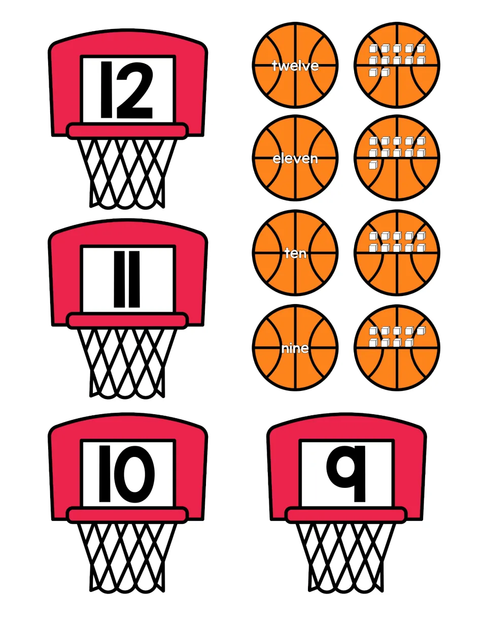 Numbers 9 to 12 matching: hoops with numerals pair with basketballs showing nine to twelve as words and counted cubes