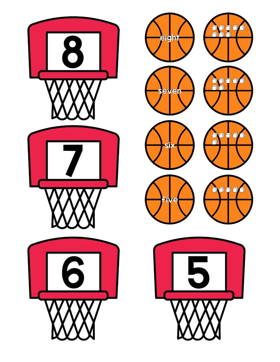 Numbers 5 to 8: counting cubes on basketballs and reading number words to match each to its numeral hoop