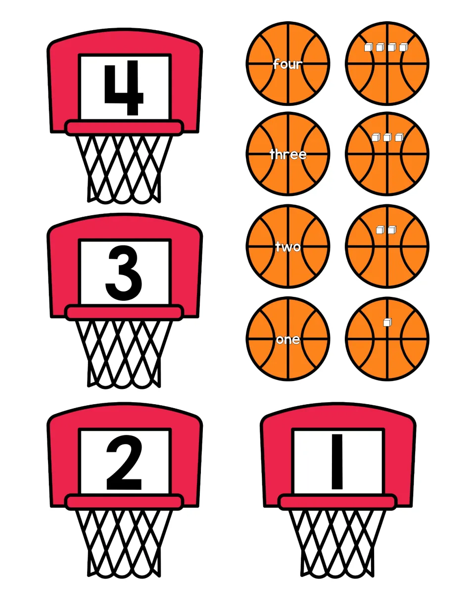 Numbers 1 to 4: hoops with numerals to match with basketballs reading one to four and balls with one to four cubes