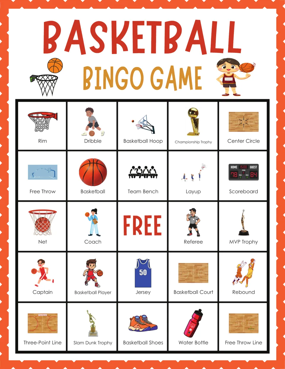 Basketball bingo card 1: students mark picture words such as Rim, Dribble, Team Bench, Referee and Slam Dunk Trophy