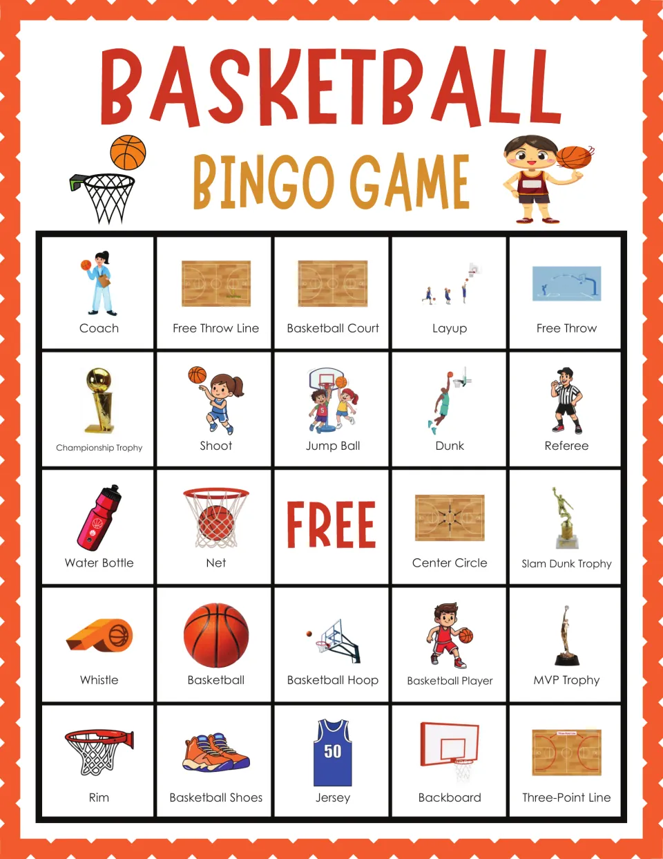 Basketball bingo card 2: picture words begin with Coach and Free Throw Line and include Shoot, Jump Ball, Dunk and Whistle