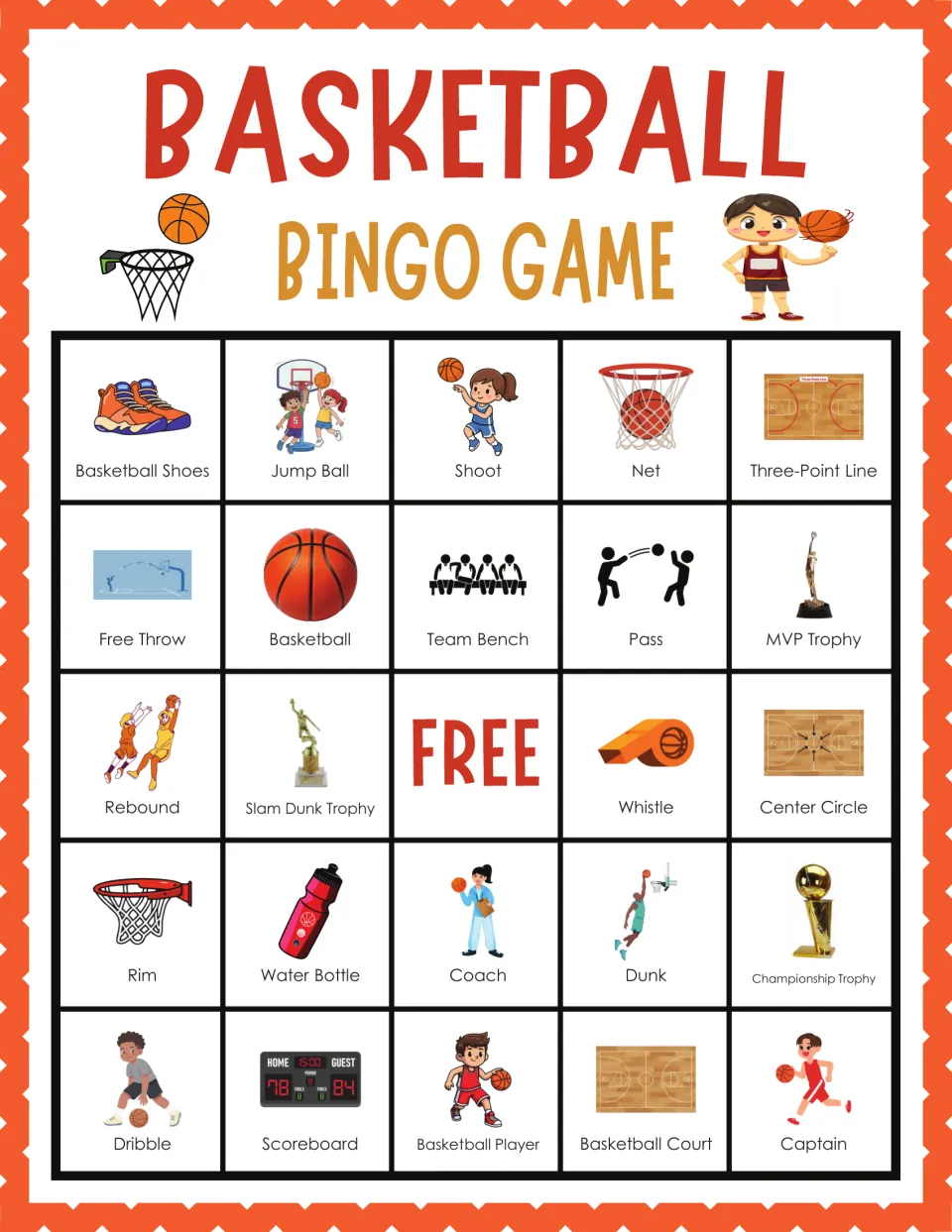 Basketball bingo card 3: students find terms like Basketball Shoes, Jump Ball, Pass, Rebound and Captain as they are called