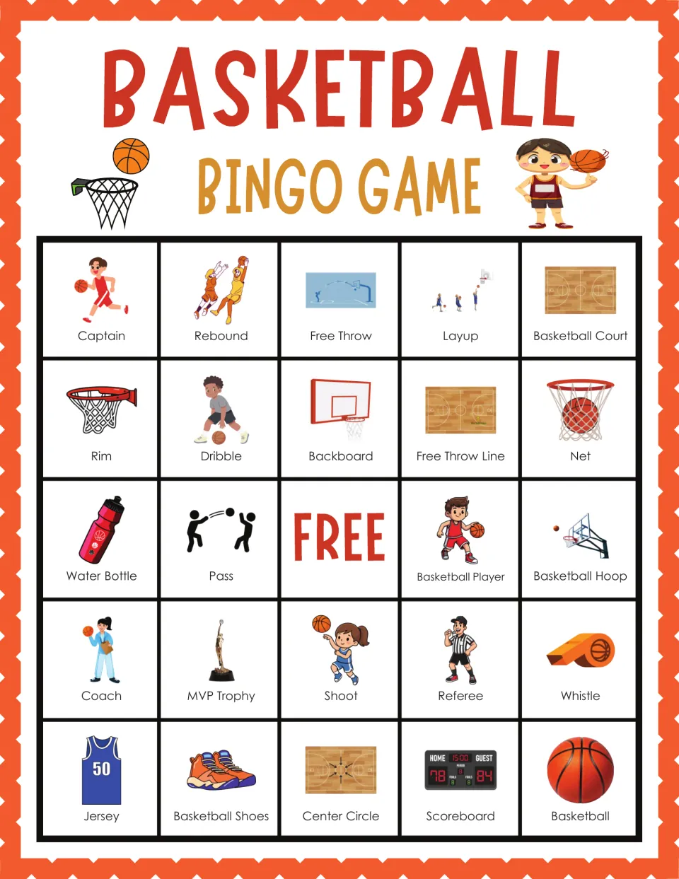 Basketball bingo card 4: picture tiles start with Captain, Rebound and Free Throw and include Backboard, Pass and Jersey