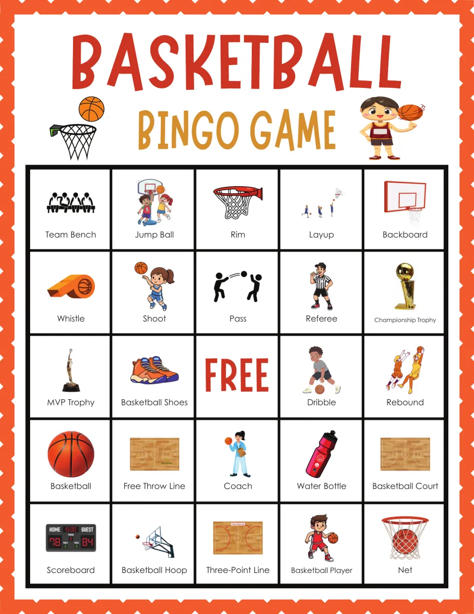 Basketball bingo card 5: vocabulary pictures open with Team Bench, Jump Ball and Rim, plus Whistle, Pass and Scoreboard