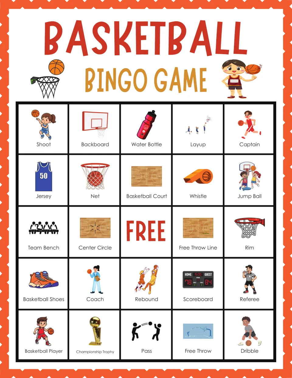 Basketball bingo card 6: students cover Shoot, Backboard, Water Bottle, Jersey, Center Circle and Free Throw