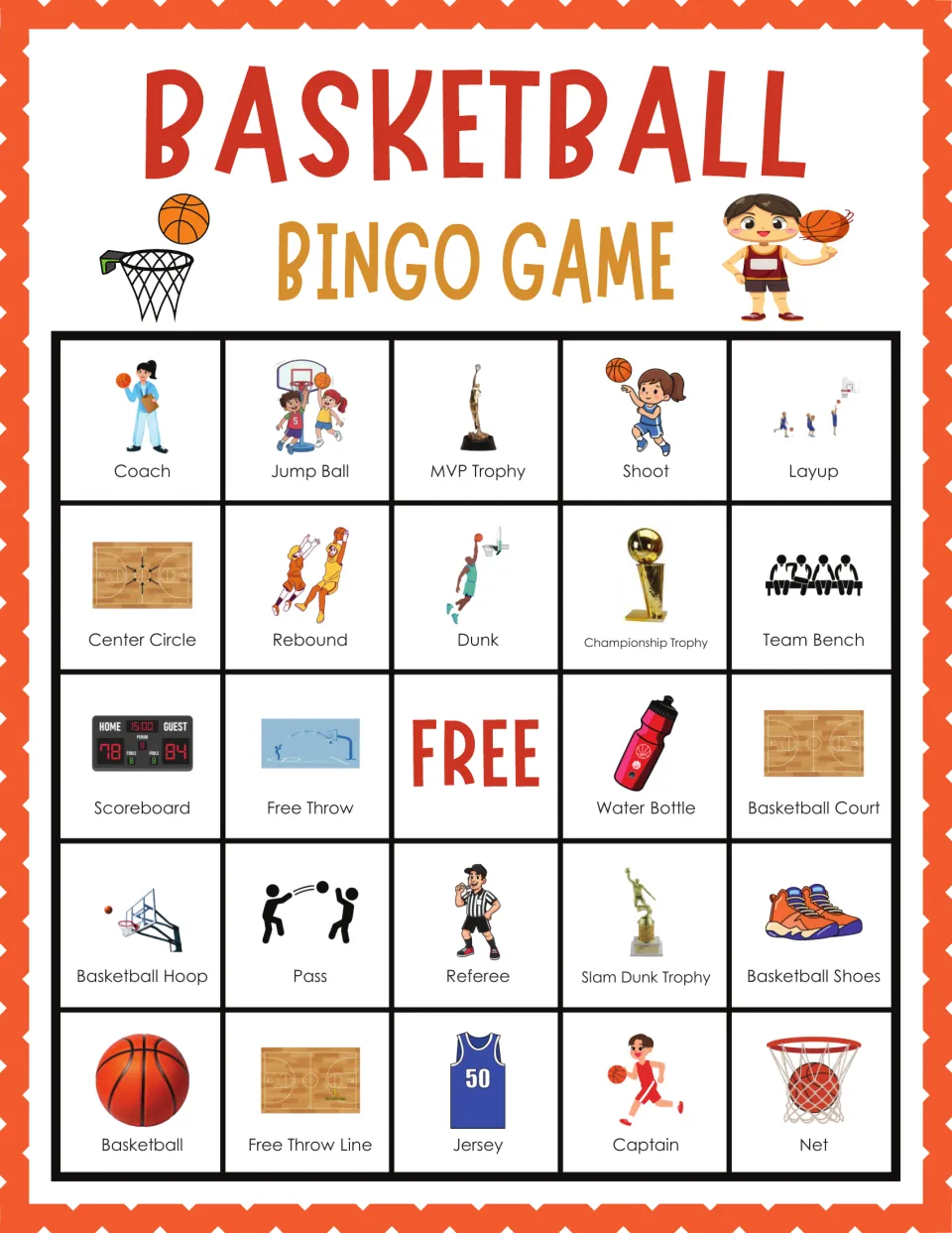 Basketball bingo card 7: sports words such as Coach, MVP Trophy, Dunk, Slam Dunk Trophy and Net with picture clues