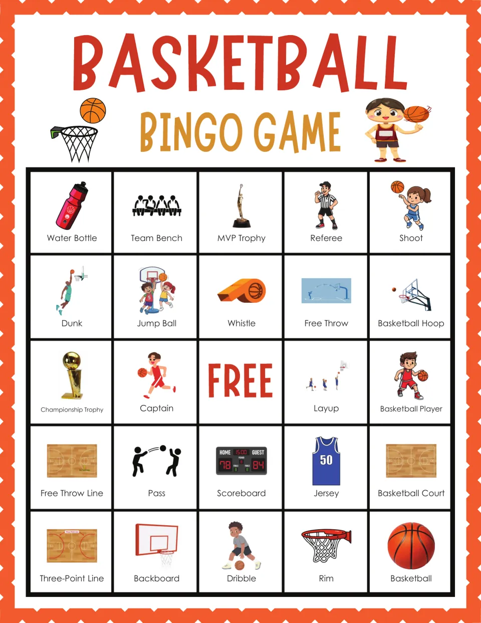 Basketball bingo card 8: picture terms begin with Water Bottle and Team Bench, plus Dunk, Whistle, Backboard and Rim