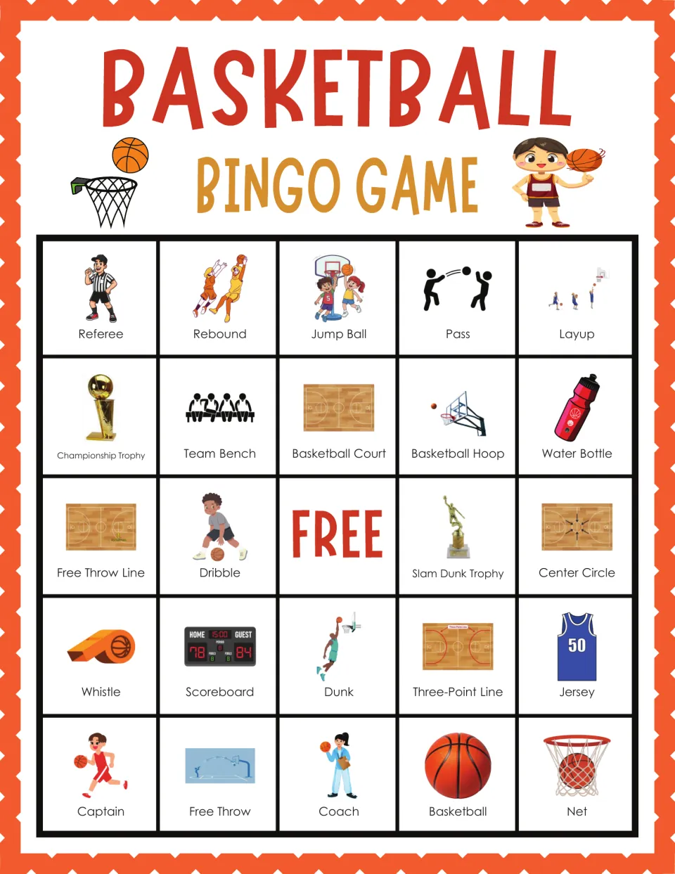 Basketball bingo card 9: players listen for Referee, Rebound, Jump Ball, Three-Point Line and Jersey to cover each match