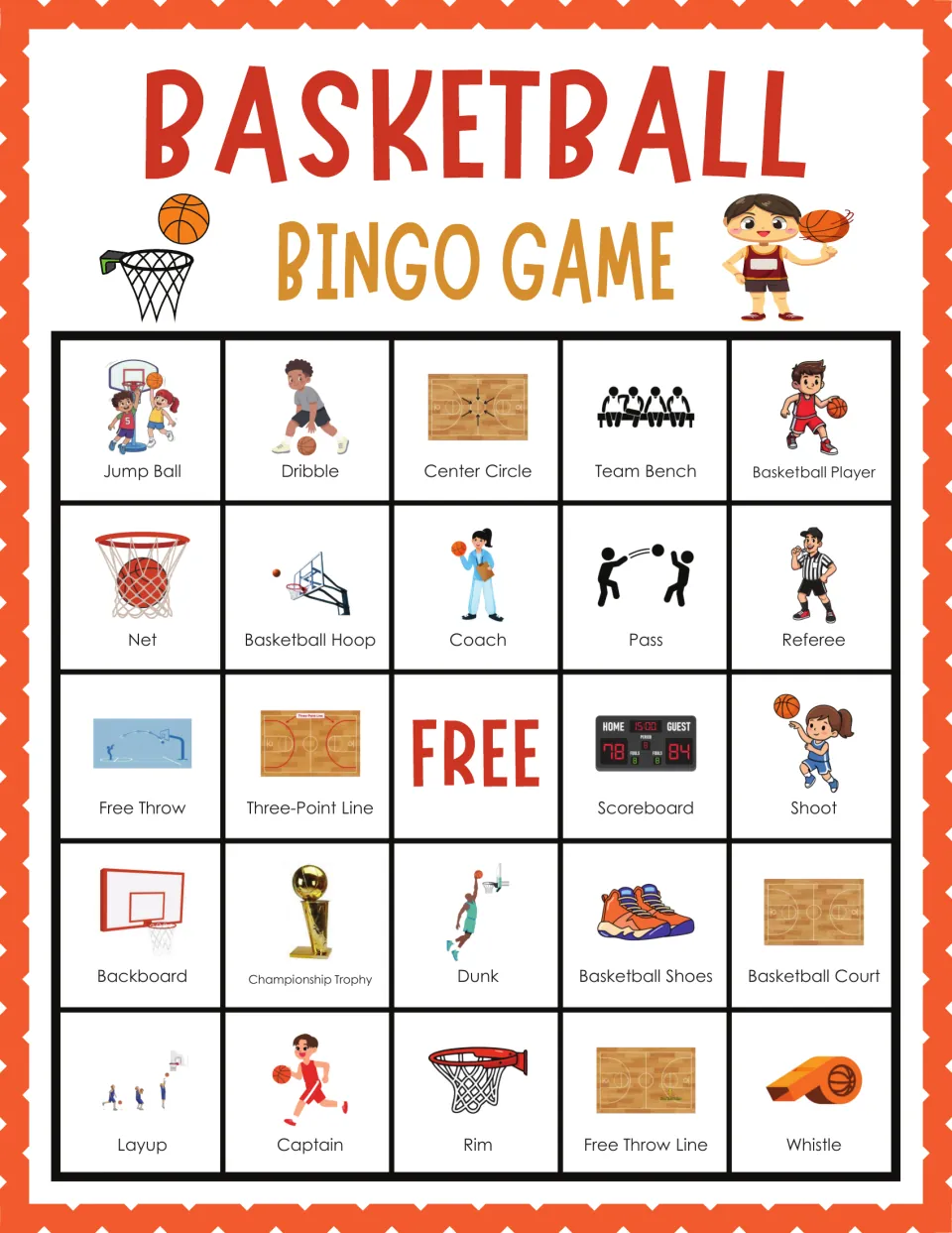 Basketball bingo card 10: illustrated words start with Jump Ball, Dribble and Center Circle and end with Rim and Whistle