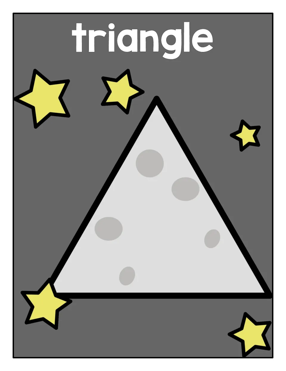 Triangle sorting mat: a big moon-gray triangle with craters among yellow stars, where students sort triangle shapes
