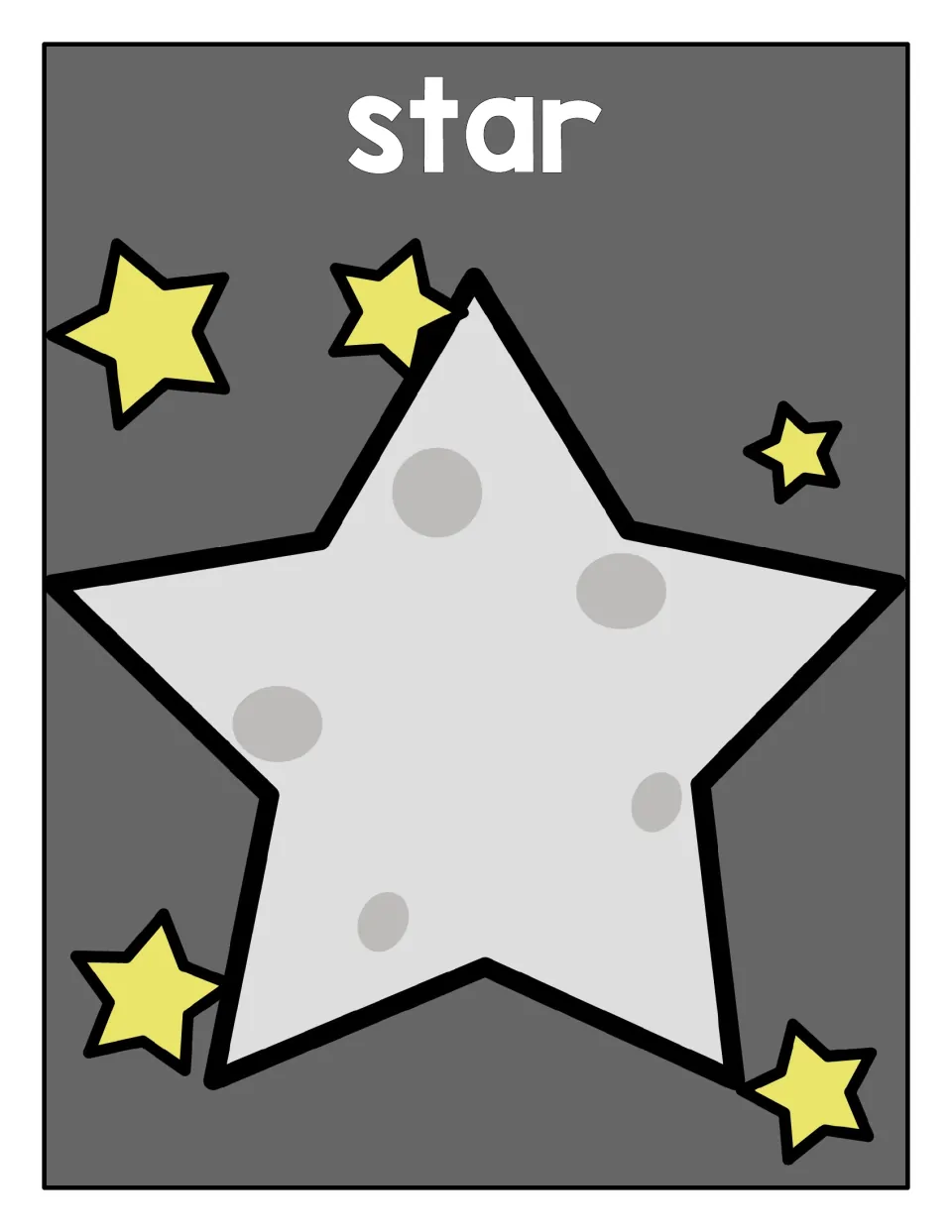 Star sorting mat: a large cratered gray five-point star on a night sky, a spot to collect every star shape students find