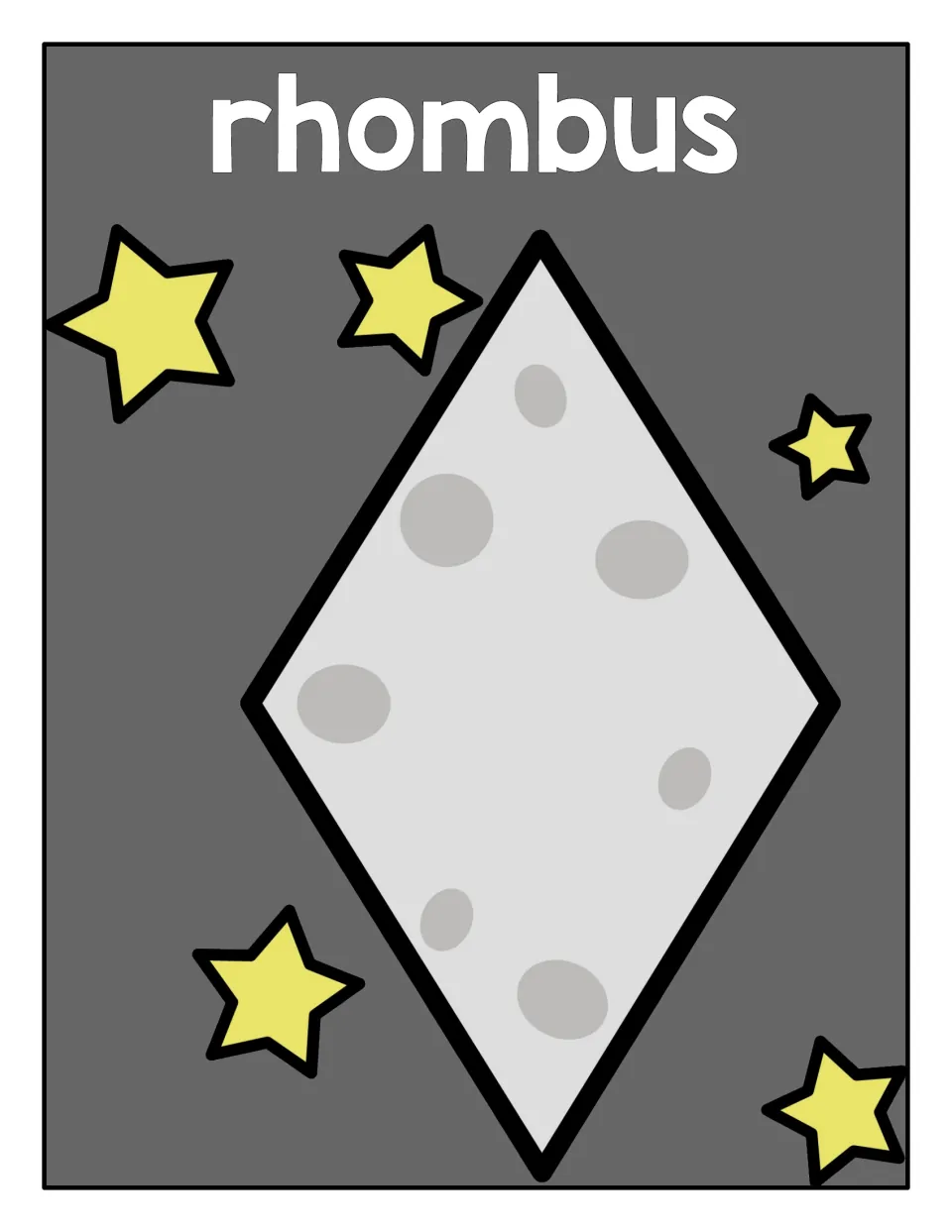 Rhombus sorting mat: the same tall cratered gray shape labeled rhombus, for sorting rhombus pieces by their math name