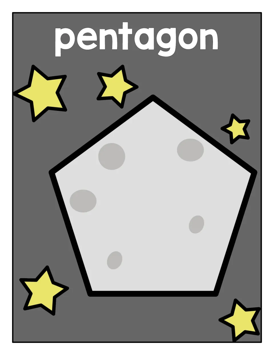Pentagon sorting mat: a large five-sided cratered gray pentagon on a starry background for sorting pentagon shape pieces