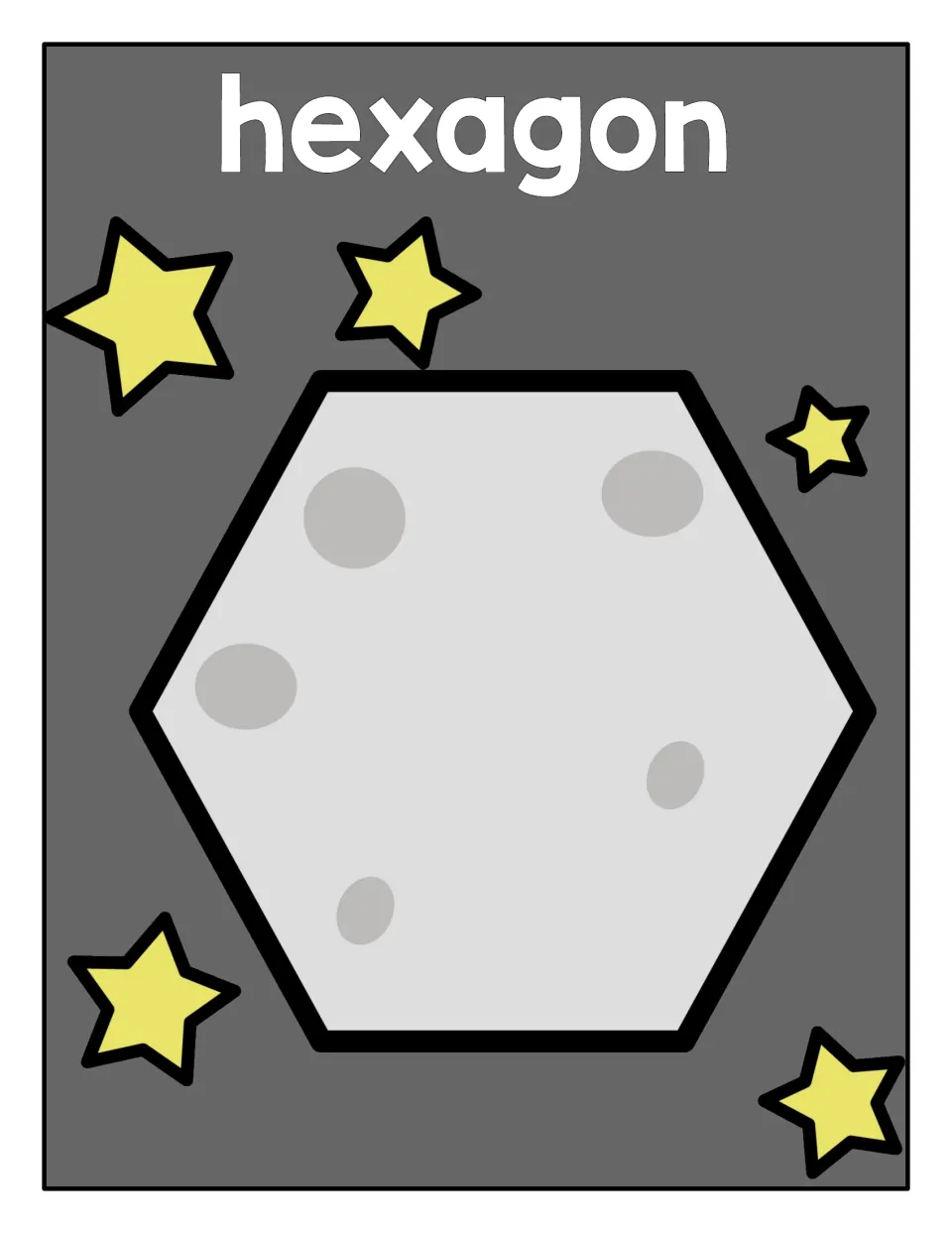 Hexagon sorting mat: a six-sided cratered gray hexagon beneath the word hexagon, for students to sort hexagon pieces