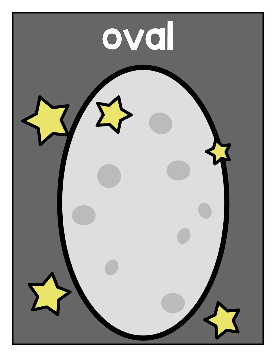 Oval sorting mat: a tall cratered moon-gray oval with yellow stars, the curved-shape mat for sorting oval pieces onto