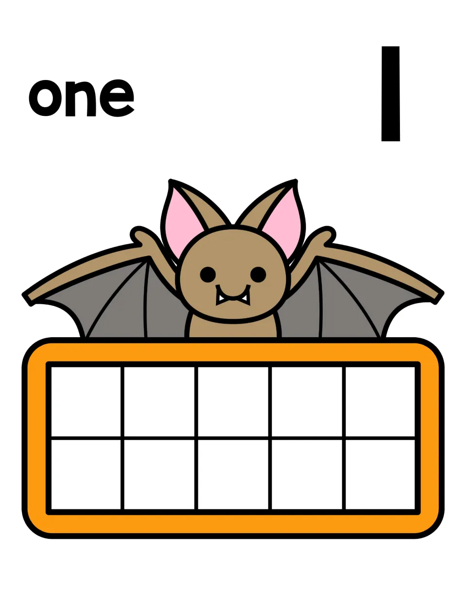 Number one counting mat: word one and numeral 1 above a bat, with a blank ten frame where students place one counter