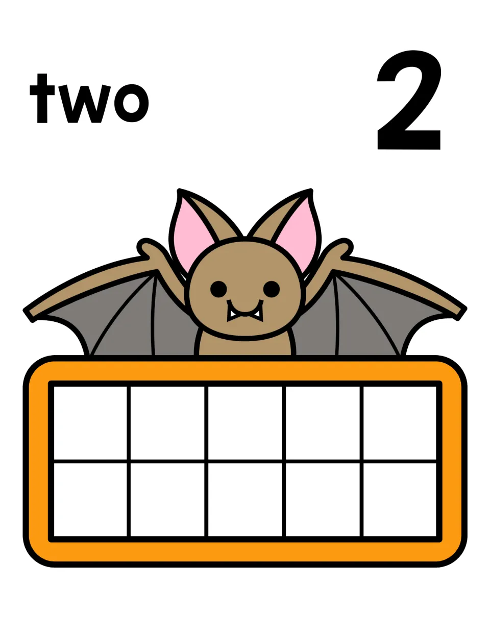 Number two mat showing the word two and numeral 2 over a cartoon bat; children put two counters in the empty ten frame
