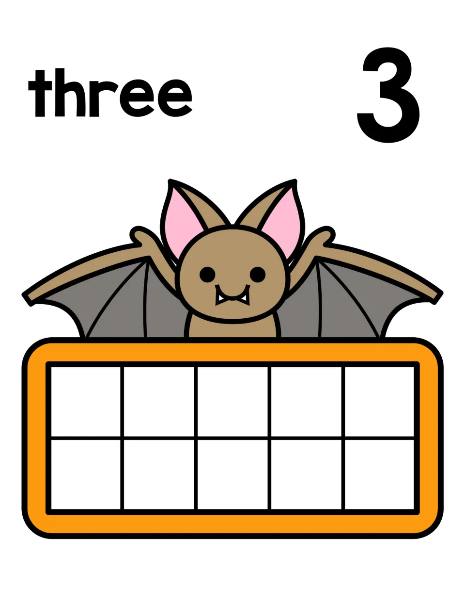 Counting to three: the number word three, numeral 3 and a bat above a ten frame for placing three objects