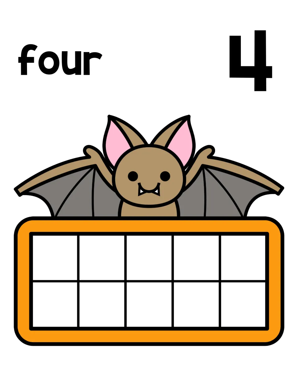 Number four practice: students read four and 4, then fill four spaces of the ten frame beneath the smiling bat