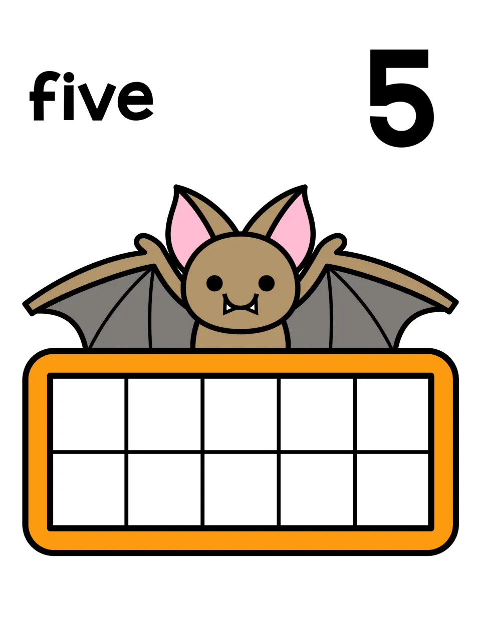 Five on a ten frame: the word five and numeral 5 shown above a bat; learners place five counters to fill one row