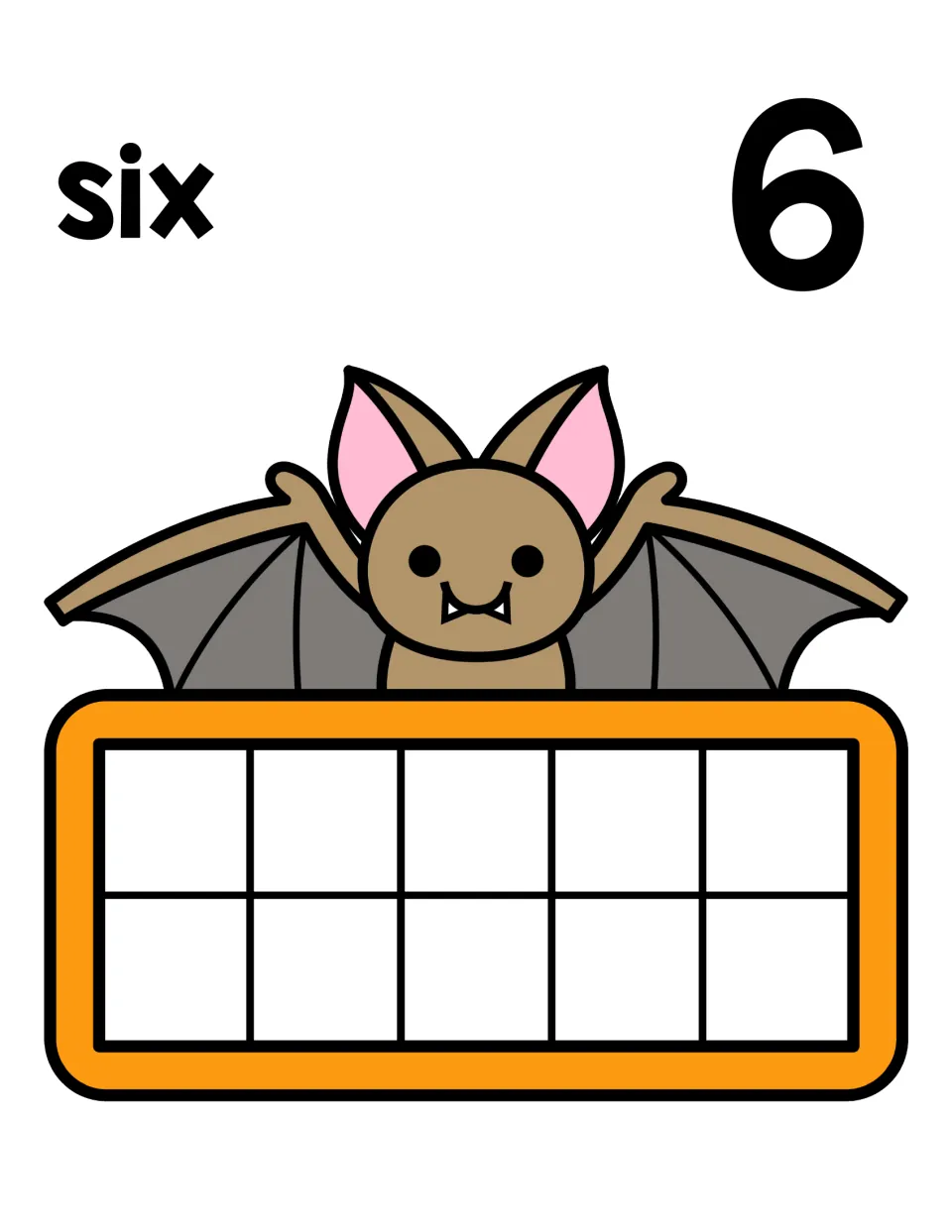 Number six mat: word six and numeral 6 with a brown bat; kids build six in the ten frame, one counter per space