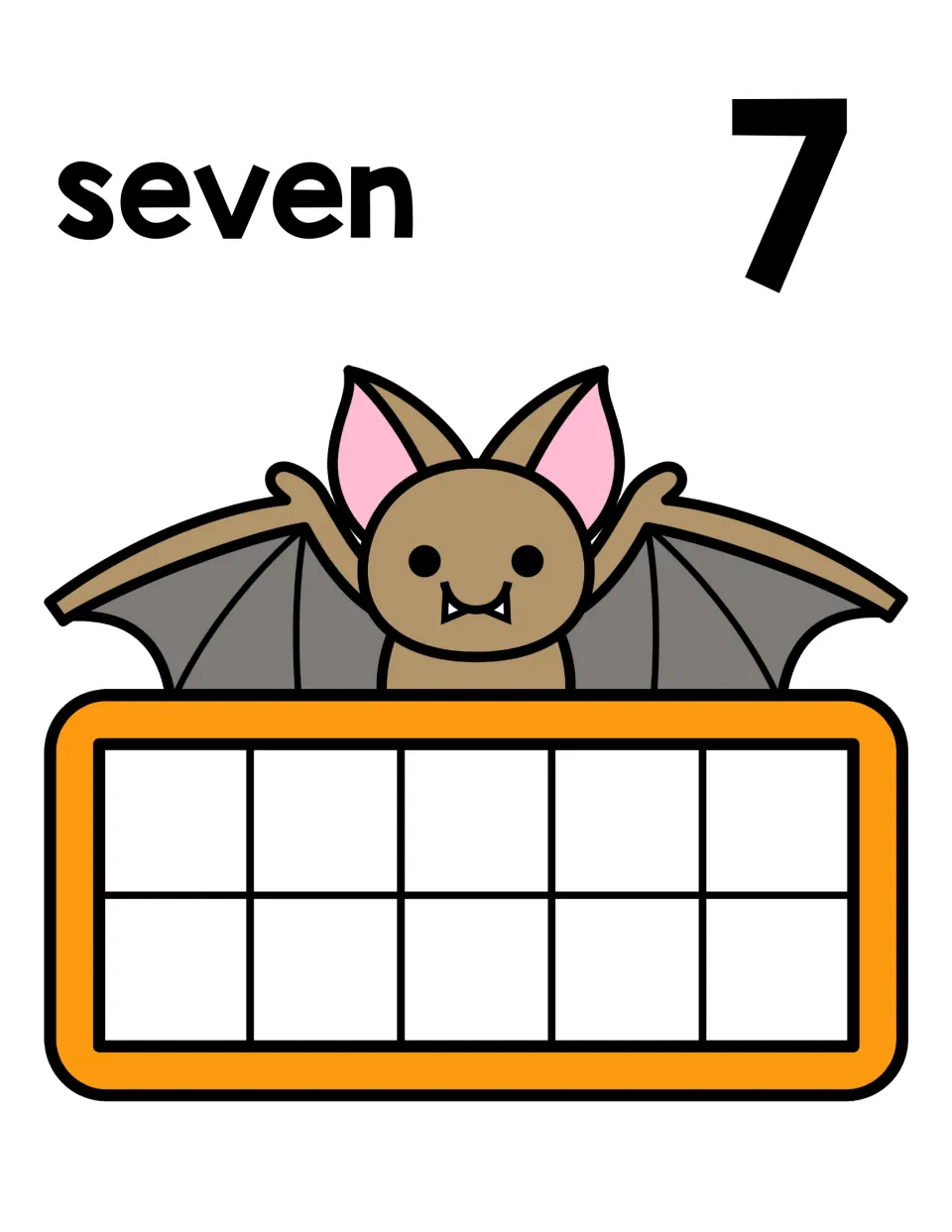 Seven counting practice: the word seven, numeral 7 and a bat holding up a ten frame to be filled with seven items