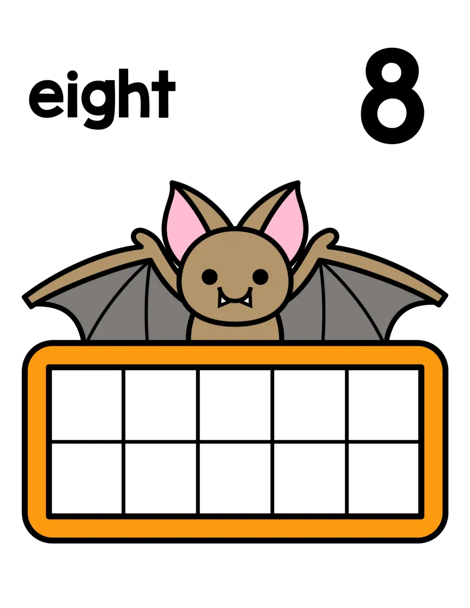 Number recognition for eight: eight and 8 printed above a bat, with a ten frame for counting out eight manipulatives