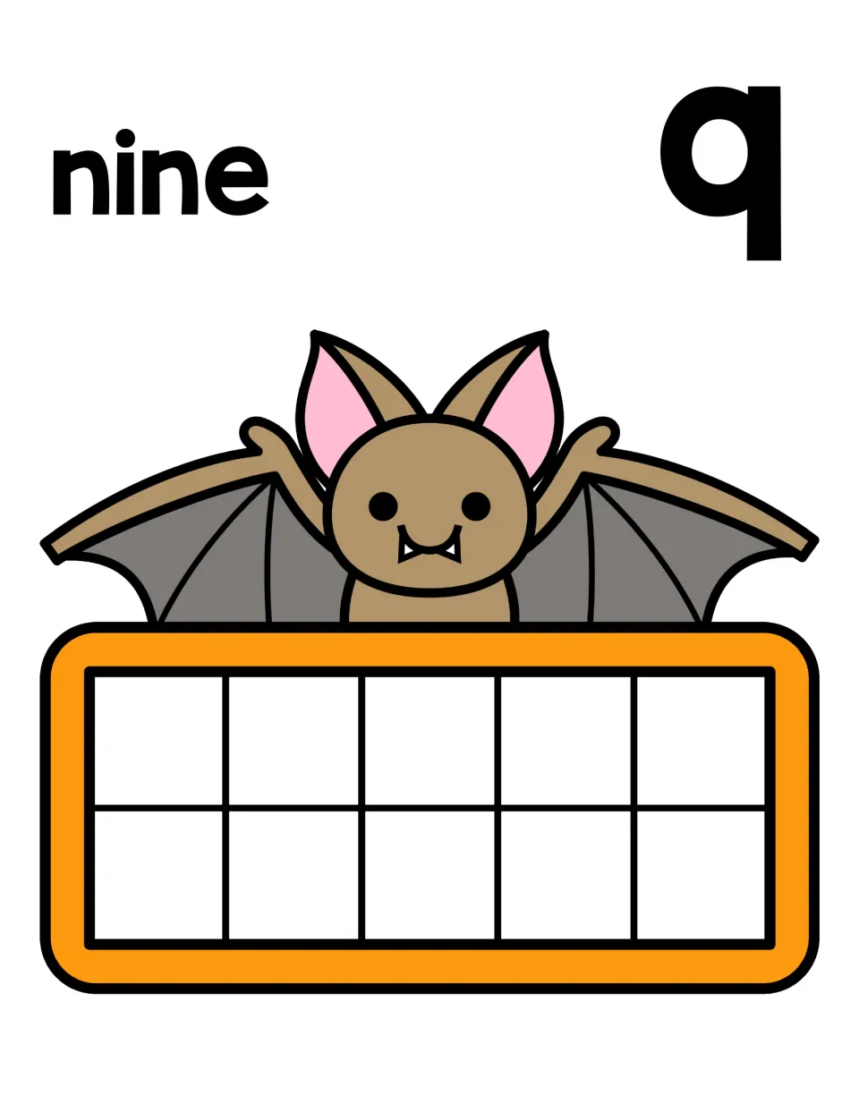 Building nine: the word nine and numeral 9 appear over a bat; students fill nine of the ten frame spaces, leaving one