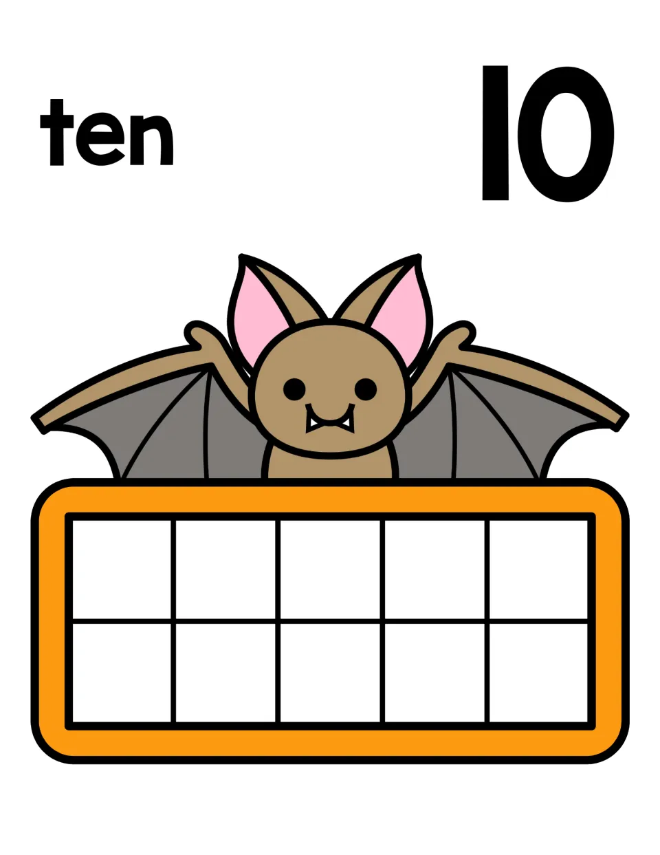 Number ten mat: the word ten and numeral 10 over a bat, with a ten frame students fill completely using ten counters