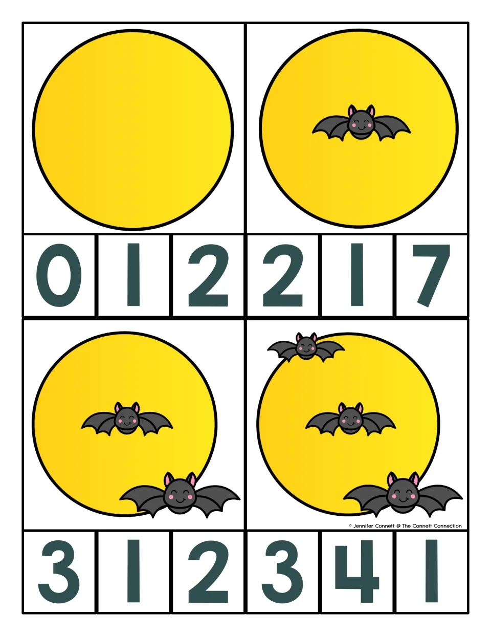 Counting bats 0 to 3: four clip cards show 0-3 bats on a yellow moon; students clip the matching number of 3 choices