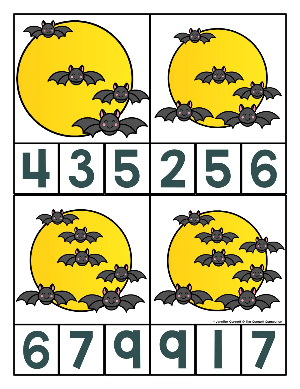 Counting bats 4 to 7: clip cards show 4, 5, 6 and 7 bats over a full moon; students count and clip the right numeral